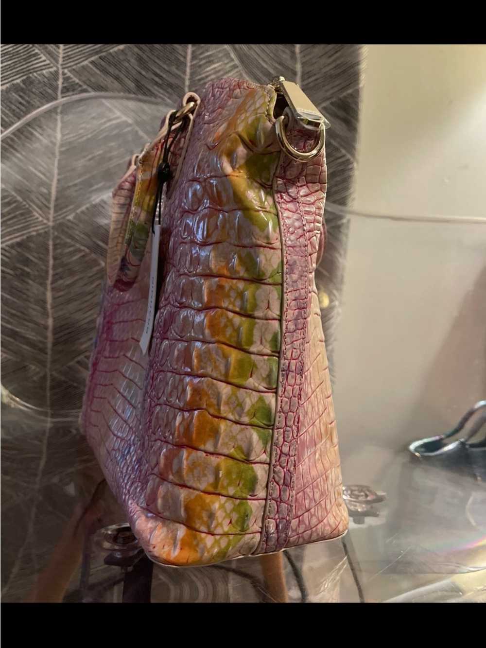Brahmin Multicolor Croc-Embossed Satchel - Pink, Yellow, Green, Blue - Picture 5 of 9
